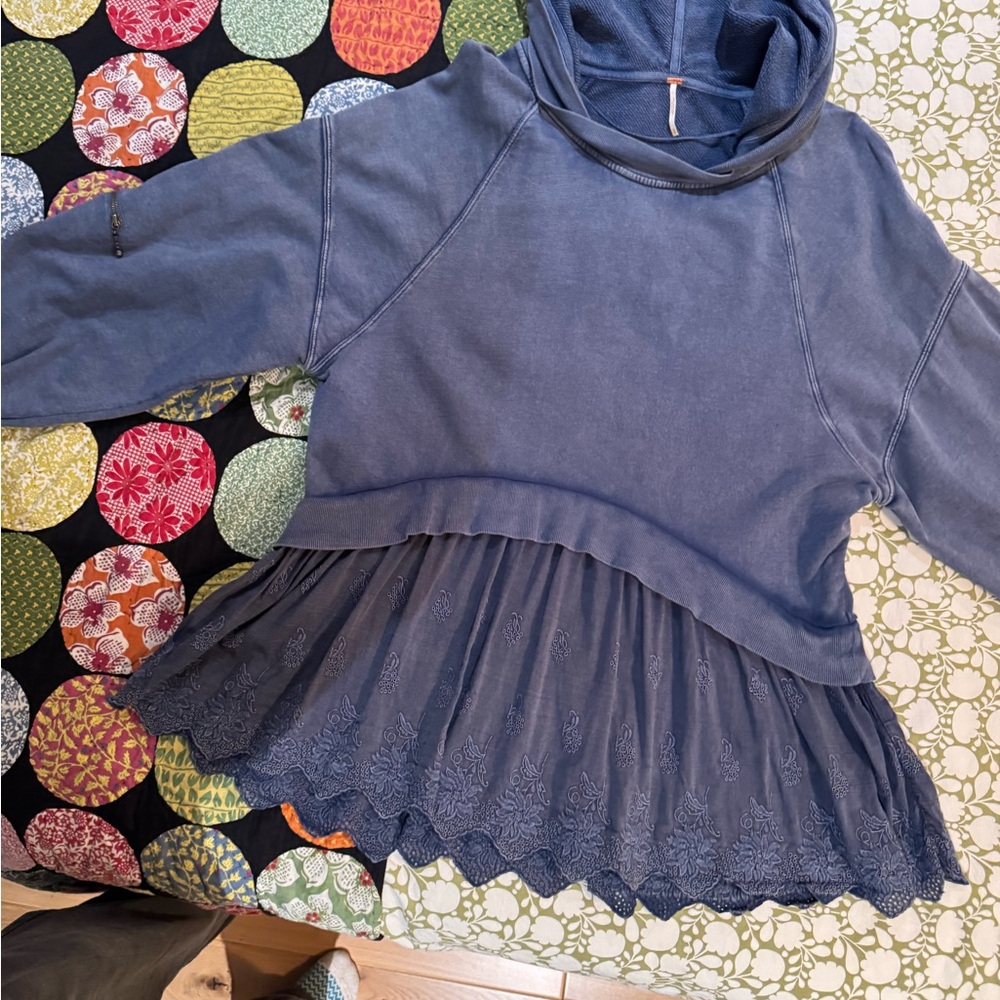 Free People Blue Hoodie Tunic with Lace Hem
